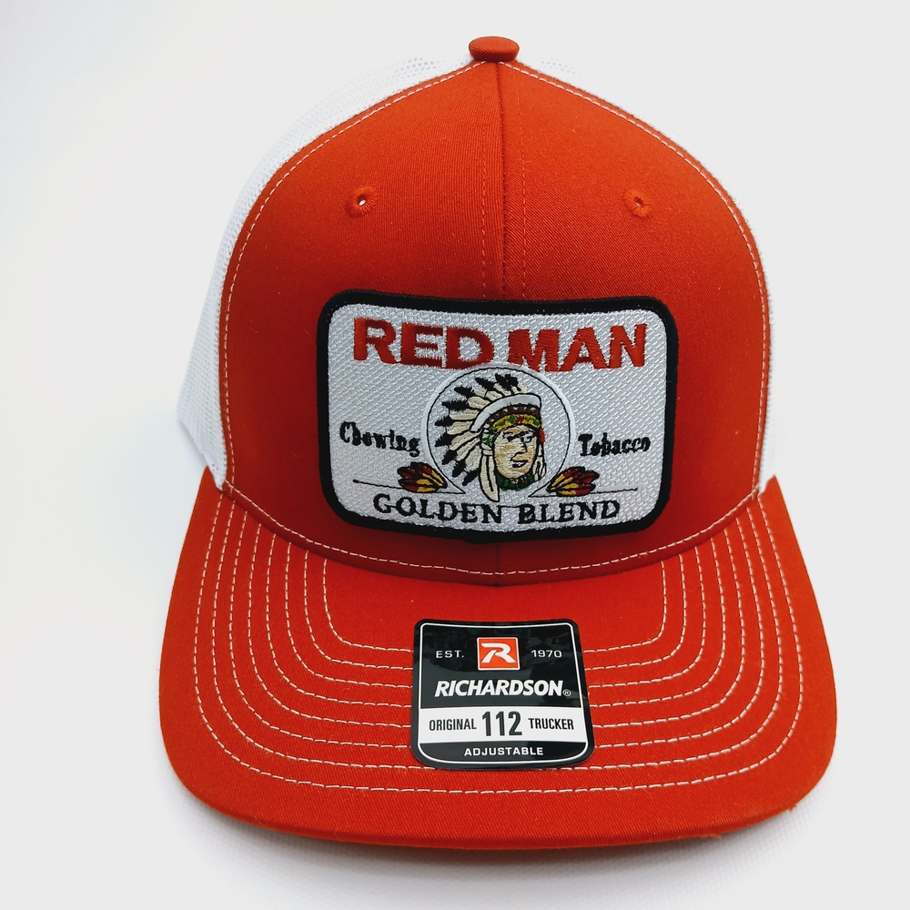 Red and White Richardson 112 With Red Man Patch Mesh Snapback Trucker Hat